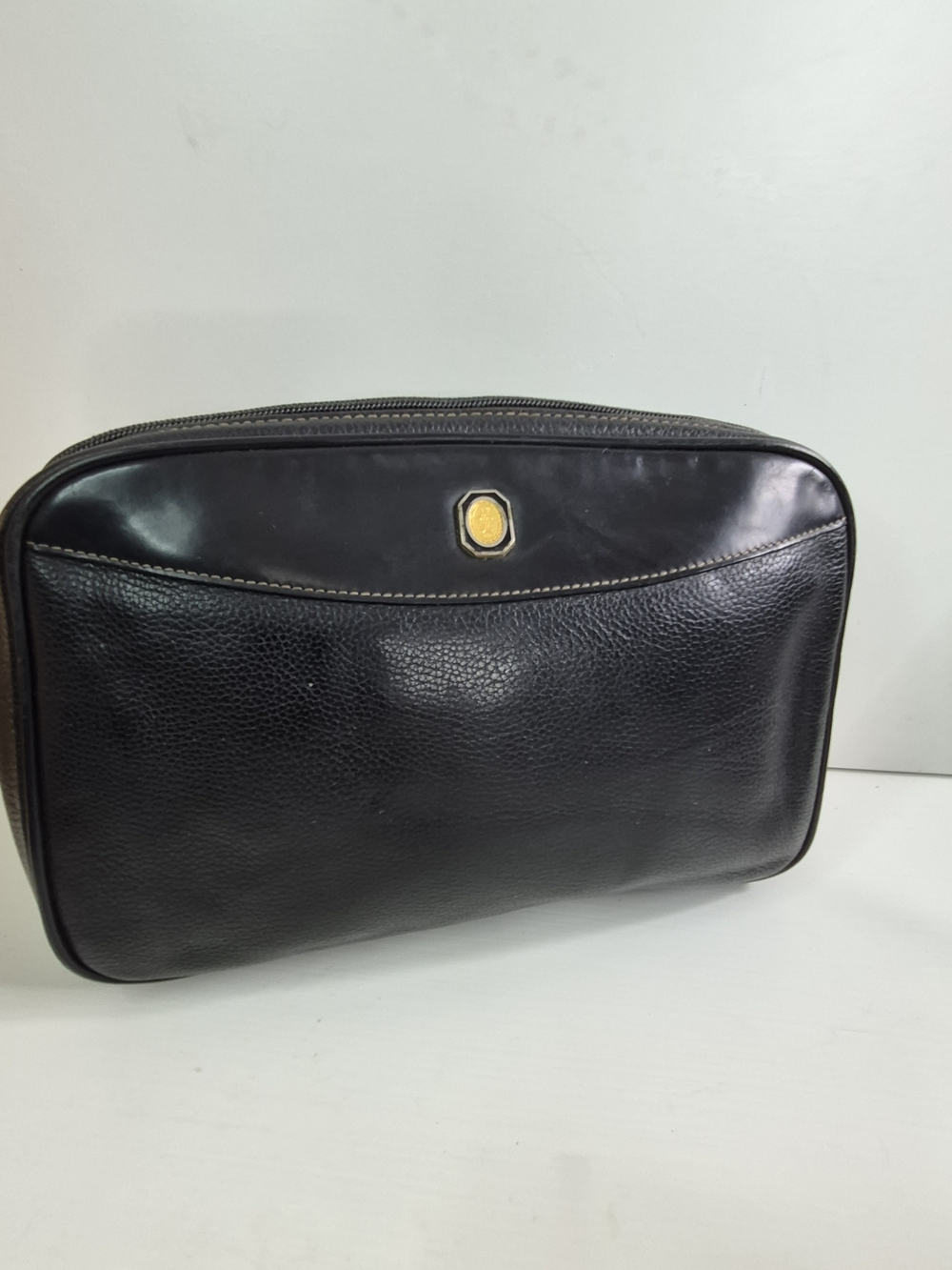 18k Ysl Pin Vintage Black Men's Leather Travel Toiletry Bag - Unbranded